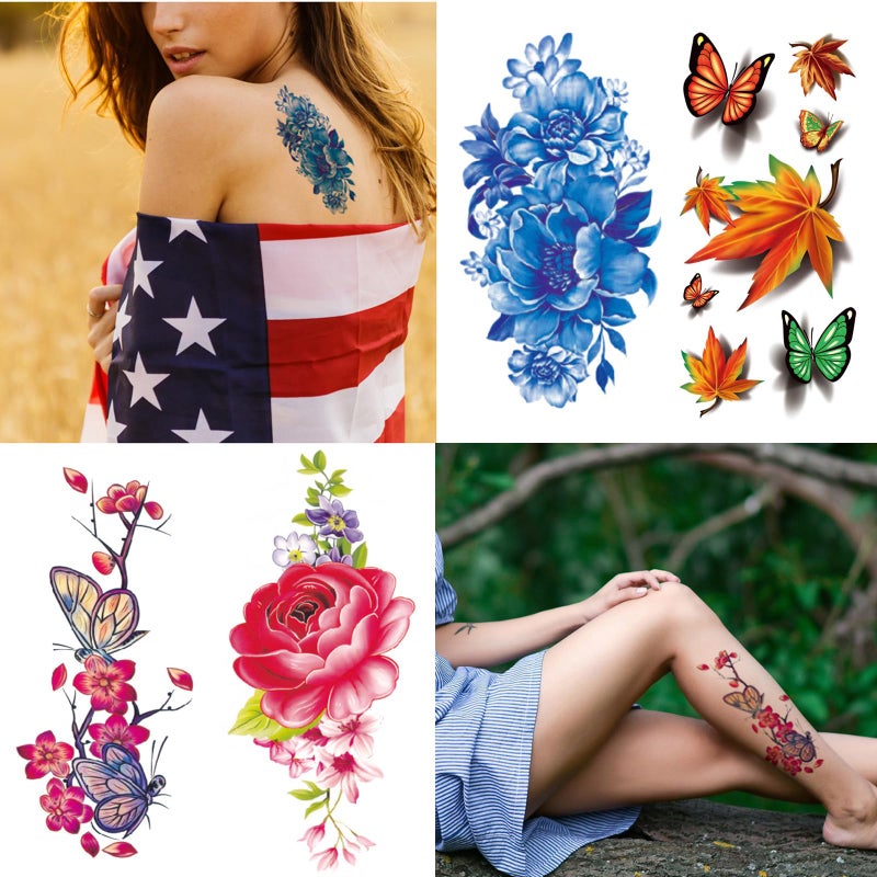 Zomme 82 Sheets Flowers Temporary Tattoos Stickers, Roses, Butterflies and Multi-Colored Mixed Style Body Art Temporary Tattoos for Women, Girls or Kids - Image 4